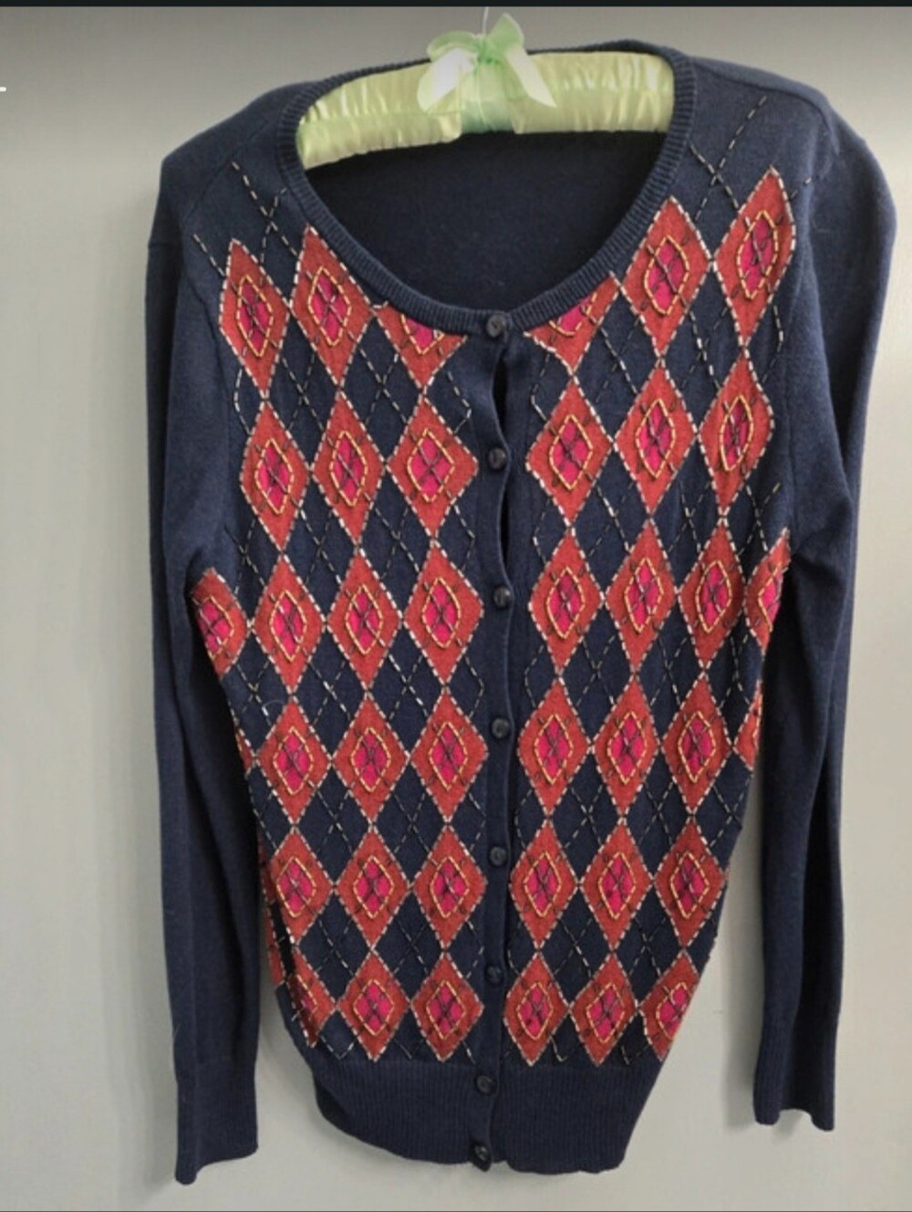 Navy & Crimson Argyle Cardigan with Beadwork